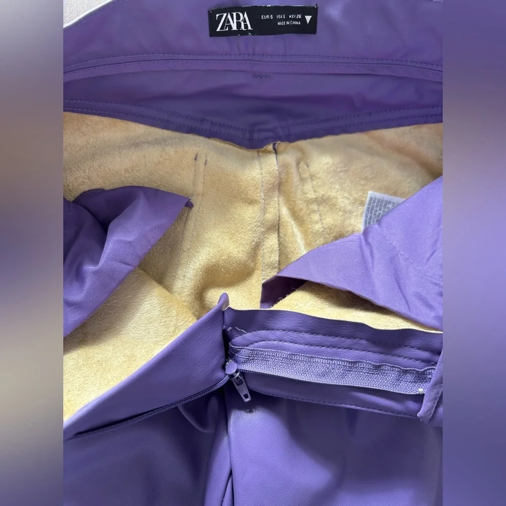 Blogger Fav! ZARA S Faux Leather Dark Mauve/Purple Pants Straight Leg Lined - Picture 10 of 16